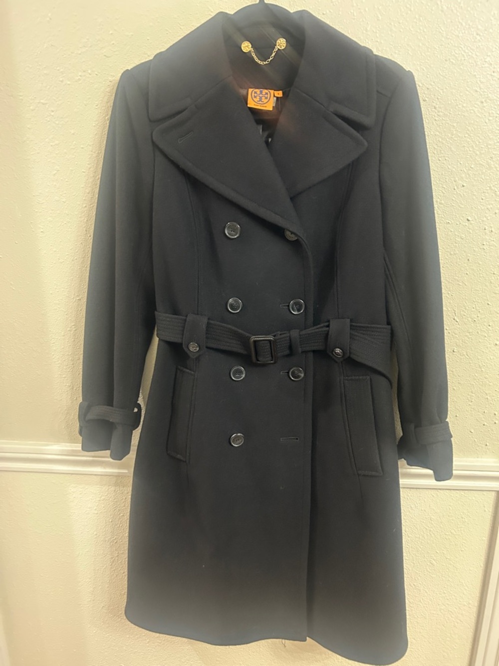 Tory Burch Black Blair’s Double-Breasted Wool Trench with Belt